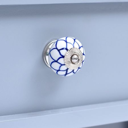 White Ceramic Blue Floral Knob for Cabinet